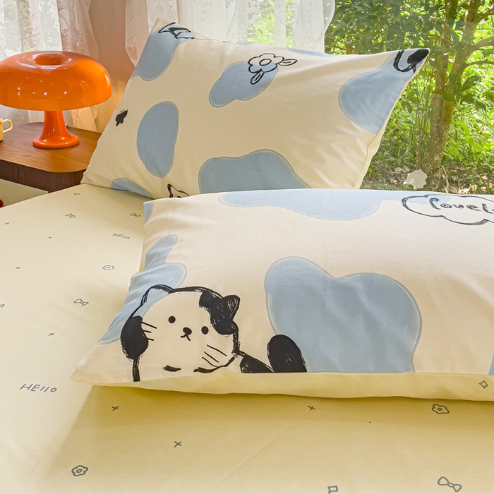 91家纺网 家纺一手货源 找家纺 感遇家纺 2023新款全棉印花四件套 牛奶猫