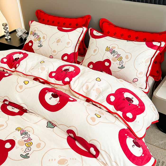 91家纺网 家纺一手货源 找家纺 欧喜璐 2023新款高克重牛奶绒四件套法莱绒金貂绒8.5斤加厚保暖-印花款 快乐熊