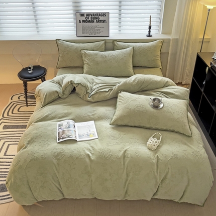 慕澄 2023新款高克重贝壳边雕花绒四件套 雕花绒-荷叶绿