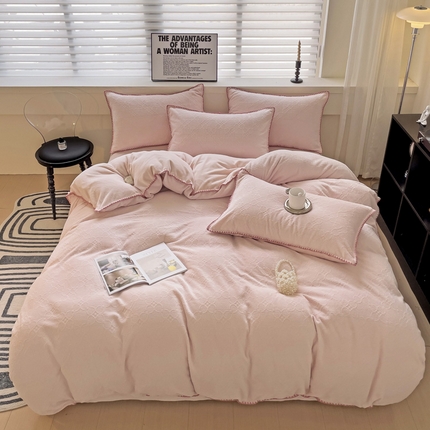 慕澄 2023新款高克重贝壳边雕花绒四件套 雕花绒-落日粉