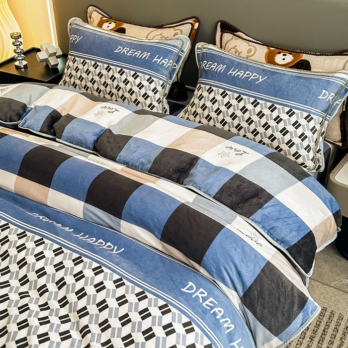 91家纺网 家纺一手货源 找家纺 欧喜璐 2023新款高克重牛奶绒四件套法莱绒金貂绒8.5斤加厚保暖-印花款 梦想格