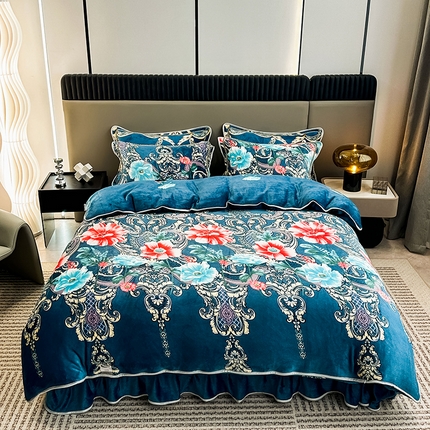 91家纺网 家纺一手货源 找家纺 （总）欧喜璐 2023新款高克重牛奶绒四件套法莱绒金貂绒8.5斤加厚保暖-印花款