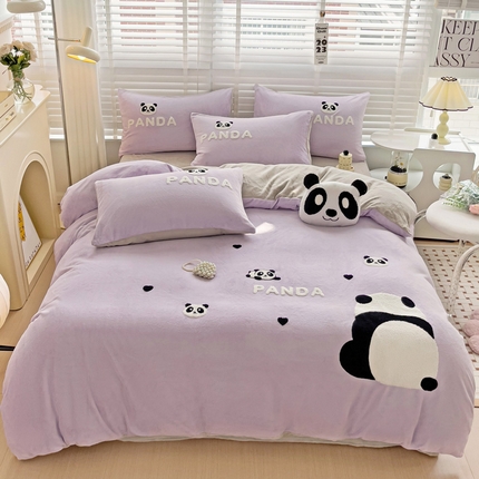 91家纺网 家纺一手货源 找家纺 娜娜 2023新款牛奶绒毛巾绣四件套 熊猫多多系列 熊猫多多-浅紫