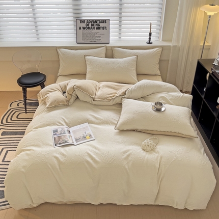 慕澄 2023新款高克重贝壳边雕花绒四件套 雕花绒-白咖色