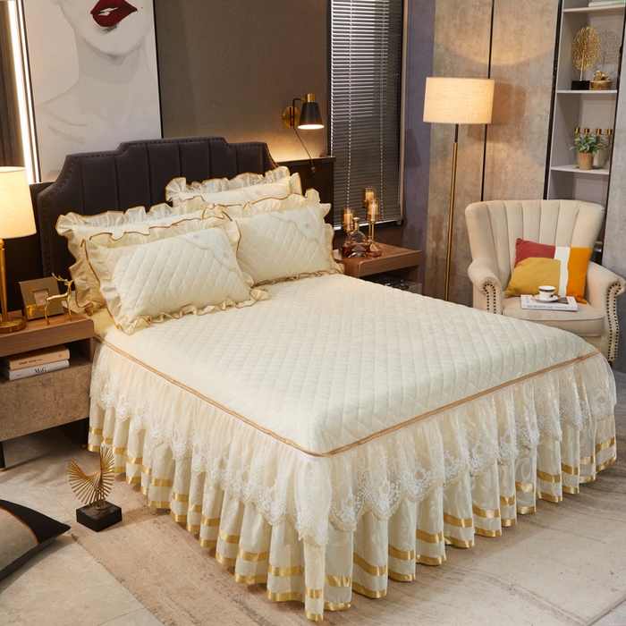 91家纺网 家纺一手货源 找家纺 恋尚 2023新款天鹅绒可脱卸夹棉床裙 床盖四件套 床裙 米黄