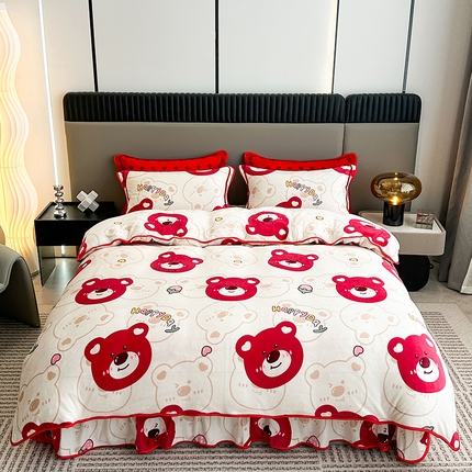 欧喜璐 2023新款高克重牛奶绒四件套法莱绒金貂绒8.5斤加厚保暖-印花款 快乐熊