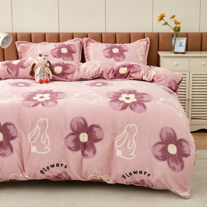 91家纺网 家纺一手货源 找家纺 乐居坊 2023新款高克重牛奶绒印花保暖四件套 吉祥兔