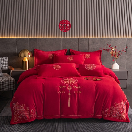 91家纺网 家纺一手货源 找家纺 花愿 2025新款婚庆牛奶绒四件套-拍法二 天禧