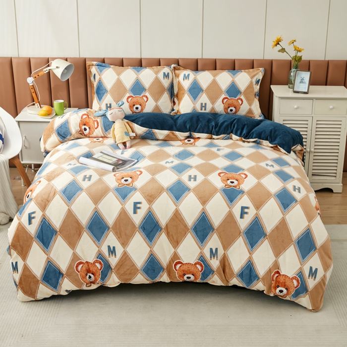 91家纺网 家纺一手货源 找家纺 乐居坊 2023新款高克重牛奶绒印花保暖四件套 山姆大叔-蓝