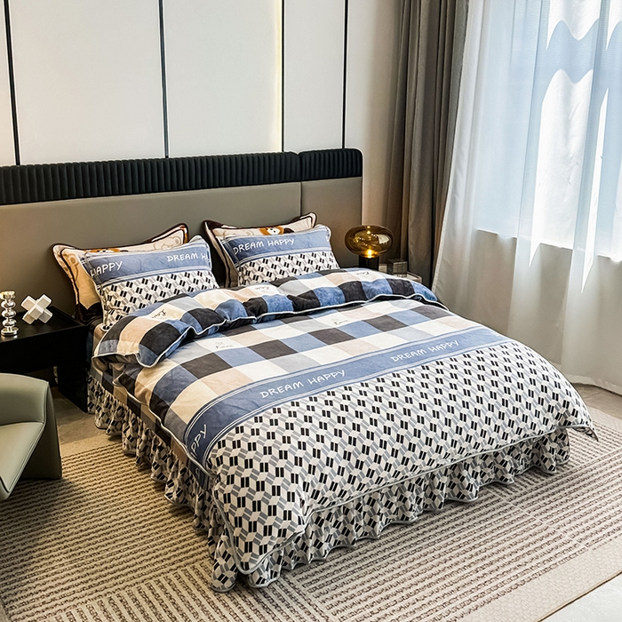 91家纺网 家纺一手货源 找家纺 欧喜璐 2023新款高克重牛奶绒四件套法莱绒金貂绒8.5斤加厚保暖-印花款 梦想格