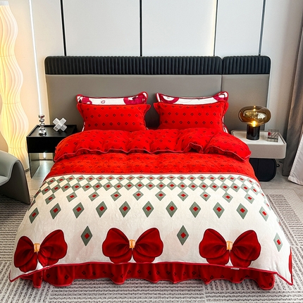 91家纺网 家纺一手货源 找家纺 欧喜璐 2023新款高克重牛奶绒四件套法莱绒金貂绒8.5斤加厚保暖-印花款 蝴蝶结