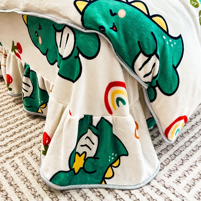 91家纺网 家纺一手货源 找家纺 欧喜璐 2023新款高克重牛奶绒四件套法莱绒金貂绒8.5斤加厚保暖-印花款 小恐龙