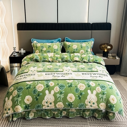 91家纺网 家纺一手货源 找家纺 欧喜璐 2023新款高克重牛奶绒四件套法莱绒金貂绒8.5斤加厚保暖-印花款 花间兔