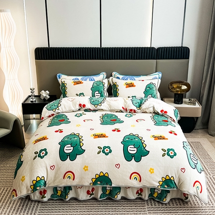 91家纺网 家纺一手货源 找家纺 欧喜璐 2023新款高克重牛奶绒四件套法莱绒金貂绒8.5斤加厚保暖-印花款 小恐龙