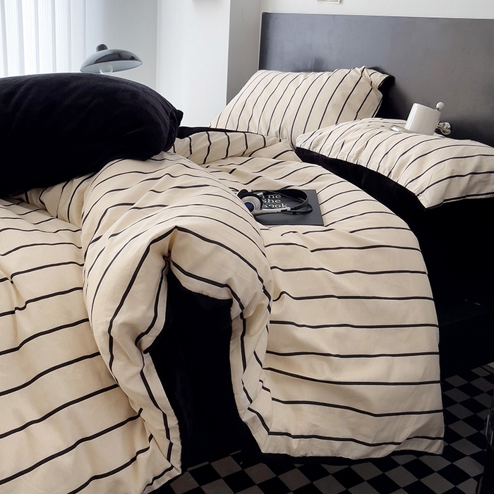 91家纺网 家纺一手货源 找家纺 梦家居 2023 秋冬新品全棉加牛奶绒四件套 米黑条绒