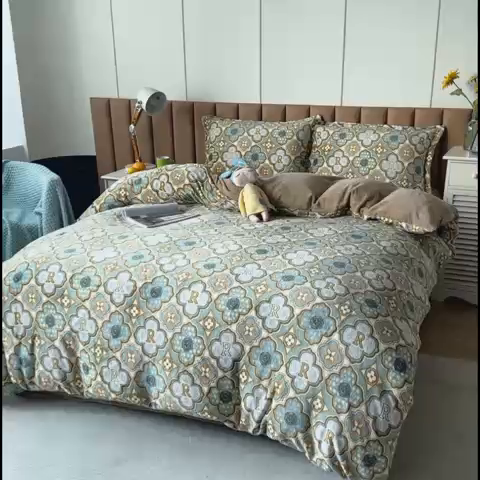 91家纺网 家纺一手货源 找家纺 乐居坊 2023新款高克重牛奶绒印花保暖四件套 摩登人生