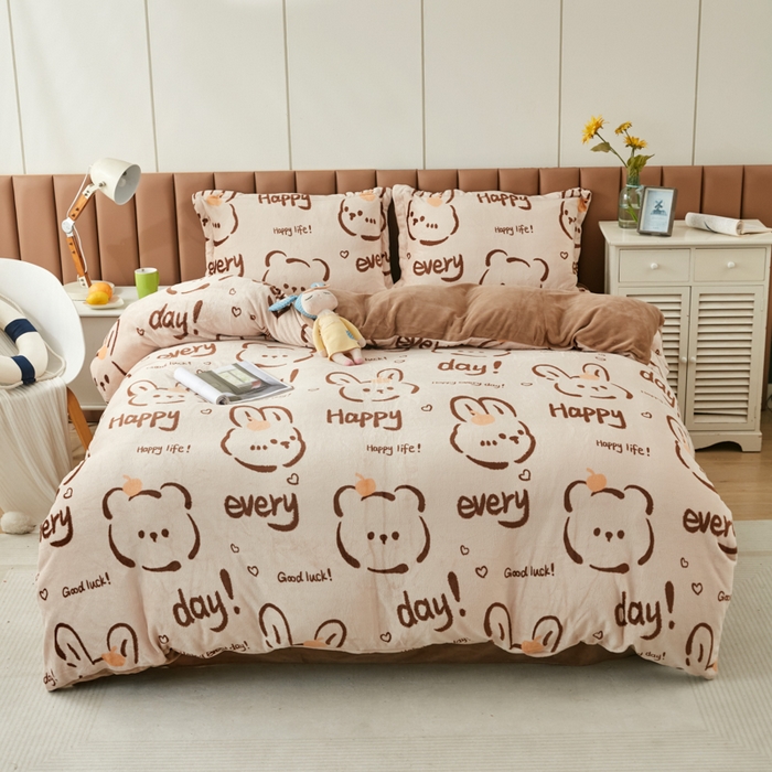 91家纺网 家纺一手货源 找家纺 乐居坊 2023新款高克重牛奶绒印花保暖四件套 快乐兔