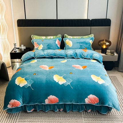 91家纺网 家纺一手货源 找家纺 （总）欧喜璐 2023新款高克重牛奶绒四件套法莱绒金貂绒8.5斤加厚保暖-印花款