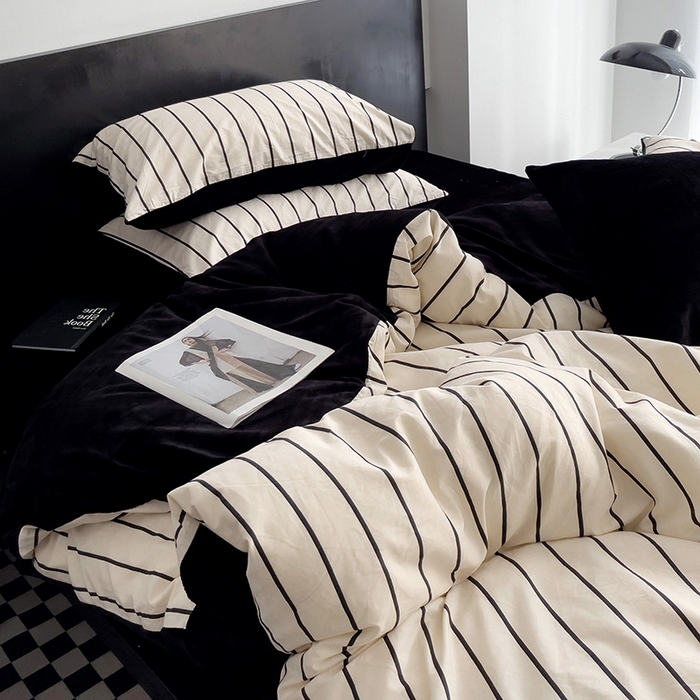 91家纺网 家纺一手货源 找家纺 梦家居 2023 秋冬新品全棉加牛奶绒四件套 米黑条绒