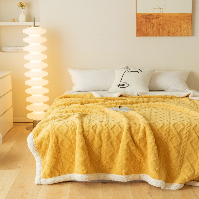 91家纺网 家纺一手货源 找家纺 梵克保罗 2024新款直播热款高克重双面绒塔芙绒羊羔绒复合提花毯子毛毯盖毯 贵族黄