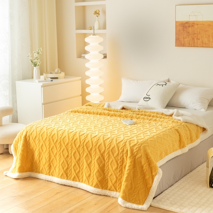 91家纺网 家纺一手货源 找家纺 梵克保罗 2024新款直播热款高克重双面绒塔芙绒羊羔绒复合提花毯子毛毯盖毯 贵族黄