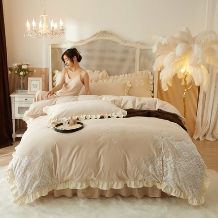 91家纺网 家纺一手货源 找家纺 库里梦 2024新款网红直播爆款韩版婴儿绒四件套高克重230克可分开单品 仙女散花-米色