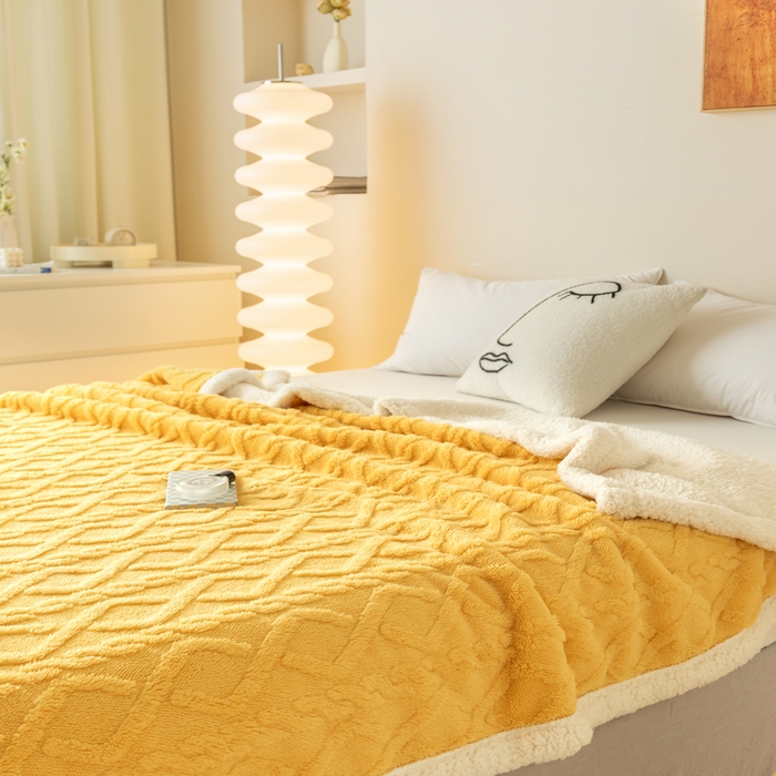 91家纺网 家纺一手货源 找家纺 梵克保罗 2024新款直播热款高克重双面绒塔芙绒羊羔绒复合提花毯子毛毯盖毯 贵族黄