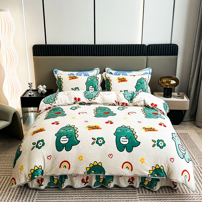 91家纺网 家纺一手货源 找家纺 欧喜璐 2023新款高克重牛奶绒四件套法莱绒金貂绒8.5斤加厚保暖-印花款 小恐龙