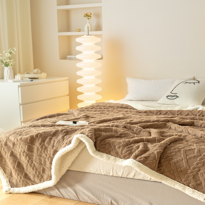 91家纺网 家纺一手货源 找家纺 梵克保罗 2024新款直播热款高克重双面绒塔芙绒羊羔绒复合提花毯子毛毯盖毯 咖啡色