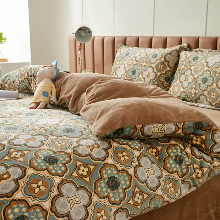 91家纺网 家纺一手货源 找家纺 乐居坊 2023新款高克重牛奶绒印花保暖四件套 摩登人生