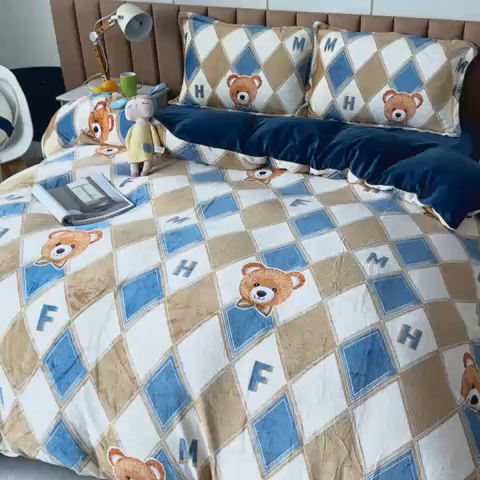 91家纺网 家纺一手货源 找家纺 乐居坊 2023新款高克重牛奶绒印花保暖四件套 山姆大叔-蓝