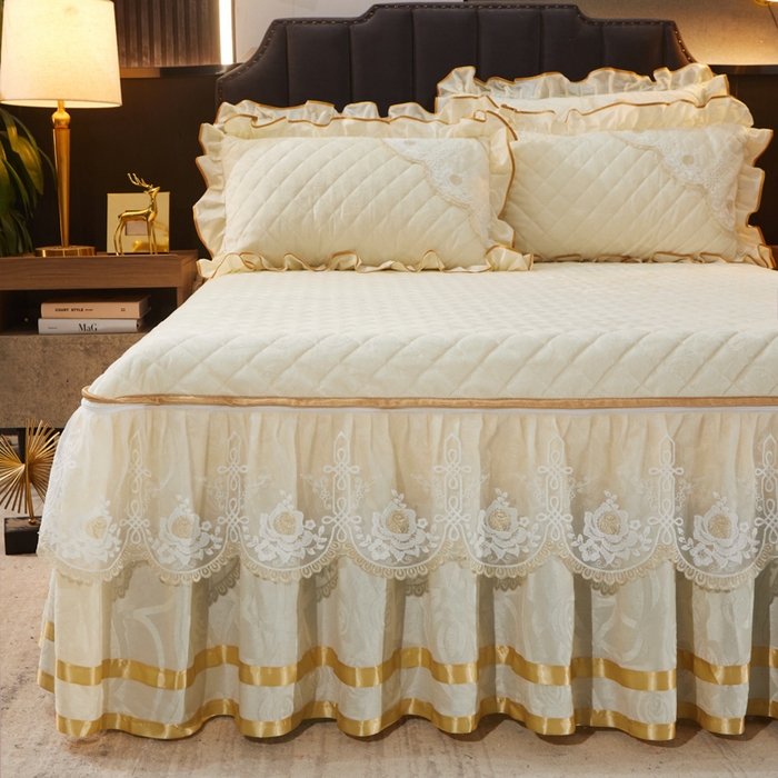 91家纺网 家纺一手货源 找家纺 恋尚 2023新款天鹅绒可脱卸夹棉床裙 床盖四件套 床裙 米黄