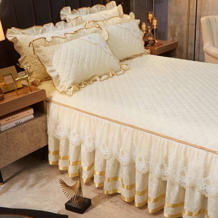 91家纺网 家纺一手货源 找家纺 恋尚 2023新款天鹅绒可脱卸夹棉床裙 床盖四件套 床裙 米黄