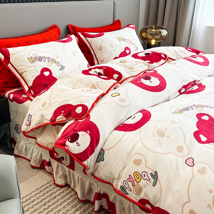 91家纺网 家纺一手货源 找家纺 欧喜璐 2023新款高克重牛奶绒四件套法莱绒金貂绒8.5斤加厚保暖-印花款 快乐熊