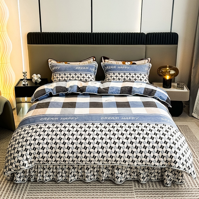 91家纺网 家纺一手货源 找家纺 欧喜璐 2023新款高克重牛奶绒四件套法莱绒金貂绒8.5斤加厚保暖-印花款 梦想格