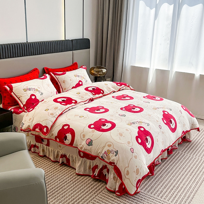 91家纺网 家纺一手货源 找家纺 欧喜璐 2023新款高克重牛奶绒四件套法莱绒金貂绒8.5斤加厚保暖-印花款 快乐熊