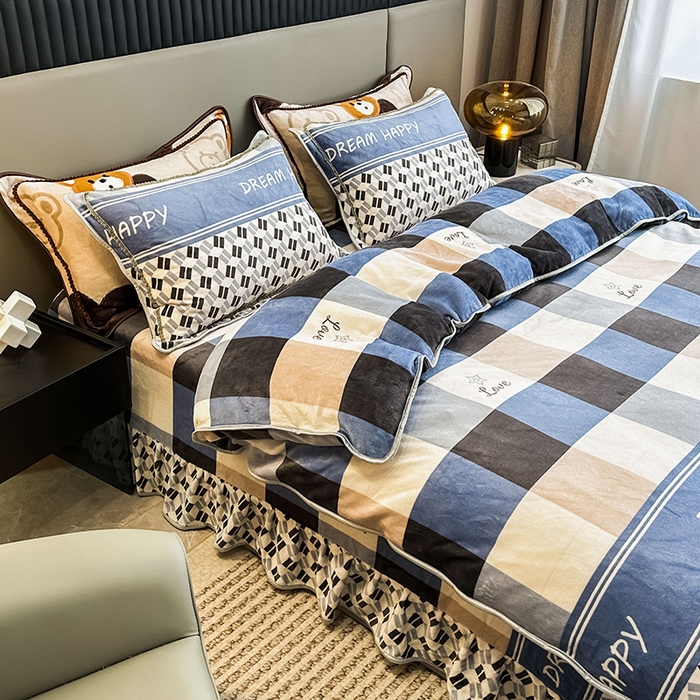 91家纺网 家纺一手货源 找家纺 欧喜璐 2023新款高克重牛奶绒四件套法莱绒金貂绒8.5斤加厚保暖-印花款 梦想格