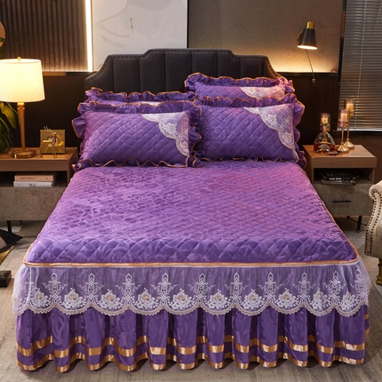 91家纺网 家纺一手货源 找家纺 恋尚 2023新款天鹅绒可脱卸夹棉床裙 床盖四件套 床裙 紫色