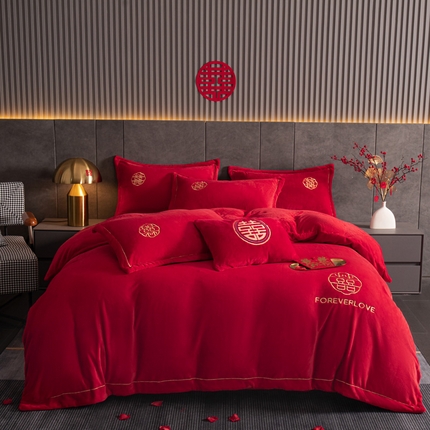 91家纺网 家纺一手货源 找家纺 花愿 2025新款婚庆牛奶绒四件套-拍法二 永恒之恋