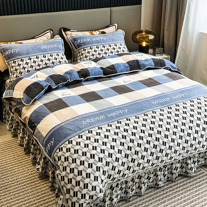 91家纺网 家纺一手货源 找家纺 欧喜璐 2023新款高克重牛奶绒四件套法莱绒金貂绒8.5斤加厚保暖-印花款 梦想格