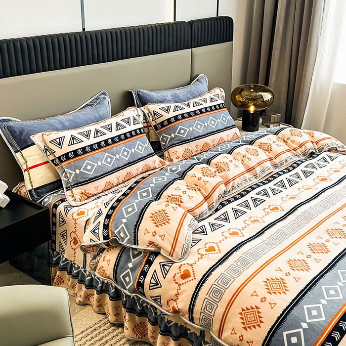 91家纺网 家纺一手货源 找家纺 欧喜璐 2023新款高克重牛奶绒四件套法莱绒金貂绒8.5斤加厚保暖-印花款 心梦