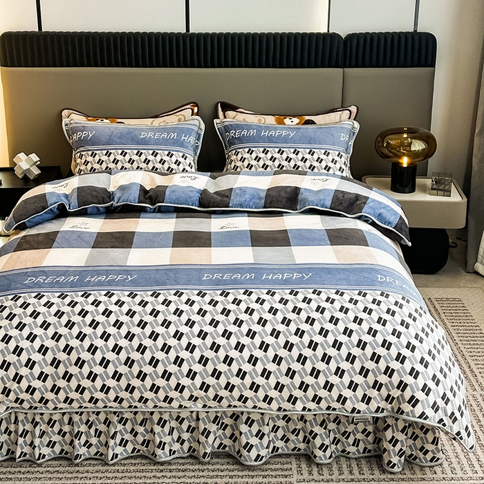 91家纺网 家纺一手货源 找家纺 欧喜璐 2023新款高克重牛奶绒四件套法莱绒金貂绒8.5斤加厚保暖-印花款 梦想格