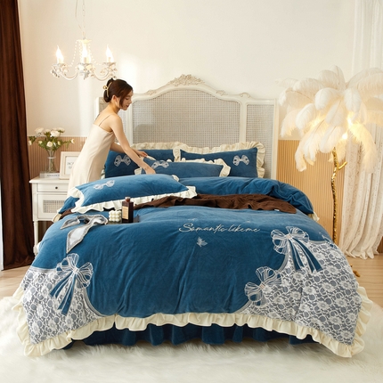 91家纺网 家纺一手货源 找家纺 库里梦 2024新款网红直播爆款韩版婴儿绒四件套高克重230克可分开单品 仙女散花-蓝色