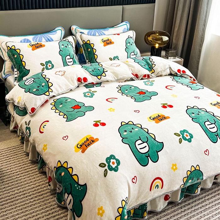 91家纺网 家纺一手货源 找家纺 欧喜璐 2023新款高克重牛奶绒四件套法莱绒金貂绒8.5斤加厚保暖-印花款 小恐龙