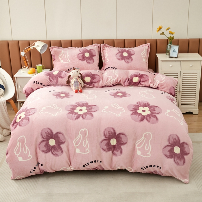 91家纺网 家纺一手货源 找家纺 乐居坊 2023新款高克重牛奶绒印花保暖四件套 吉祥兔