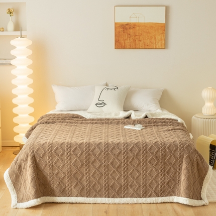 91家纺网 家纺一手货源 找家纺 梵克保罗 2024新款直播热款高克重双面绒塔芙绒羊羔绒复合提花毯子毛毯盖毯 咖啡色