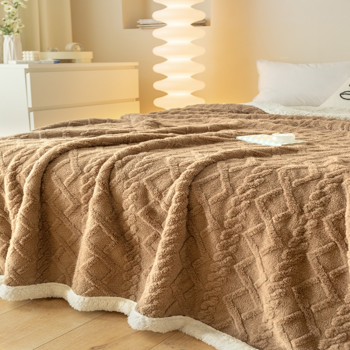 91家纺网 家纺一手货源 找家纺 梵克保罗 2024新款直播热款高克重双面绒塔芙绒羊羔绒复合提花毯子毛毯盖毯 咖啡色