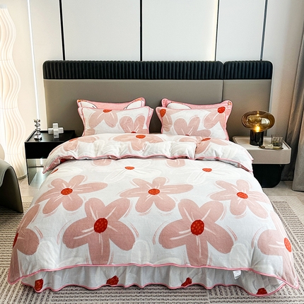 91家纺网 家纺一手货源 找家纺 欧喜璐 2023新款高克重牛奶绒四件套法莱绒金貂绒8.5斤加厚保暖-印花款 粉色花朵