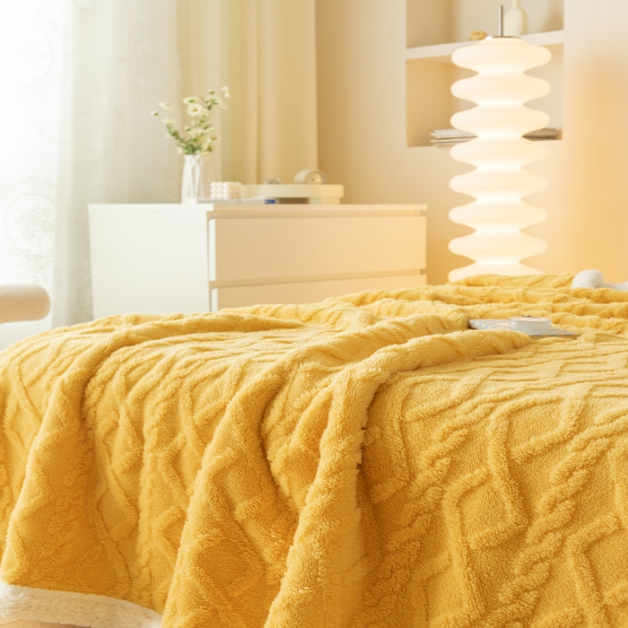 91家纺网 家纺一手货源 找家纺 梵克保罗 2024新款直播热款高克重双面绒塔芙绒羊羔绒复合提花毯子毛毯盖毯 贵族黄