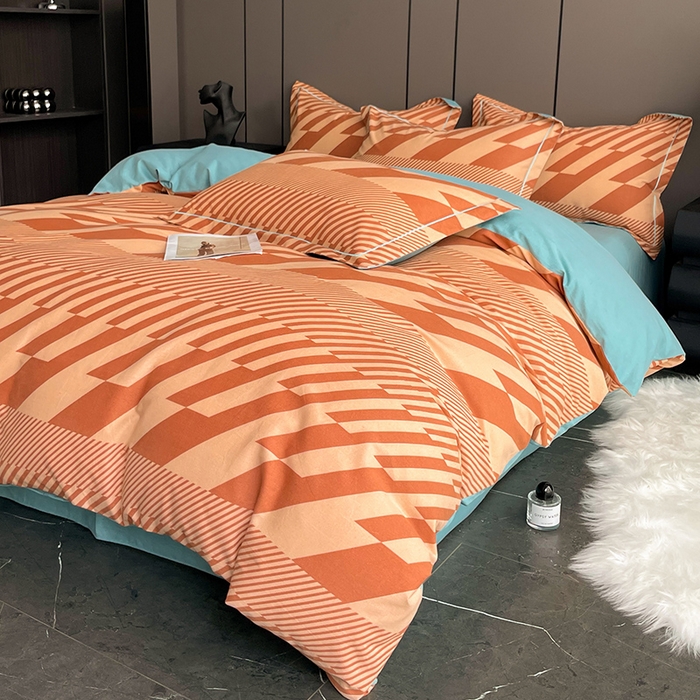 91家纺网 家纺一手货源 找家纺 乐视 2024新款全棉喷气磨毛四件套 简兮-橙